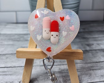 Valentine Pill Badge Reel: Holographic Heart, Nurse Pharmacy Gift