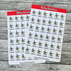May include: A sheet of stickers featuring a cartoon illustration of a person sitting at a desk with the word "Lecture" written below each illustration. The stickers are white with a red border and the text "The Nurse Teacher Creates" at the top. The text "etsy.com/shop/thenurseteacher" is at the bottom of the sheet.