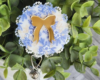 Blue Floral Bow Badge Reel: Elegant Nurse ID Holder