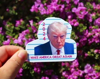May include: A white sticker with a blue and white striped background. The sticker features a photo of Donald Trump with the text "2024" and "MAKE AMERICA GREAT AGAIN" in pink.