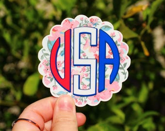 USA Monogram Sticker for Patriotic Women, Trump 2024 Conservative, Republican, Maga, America, Floral Femininity laptop water bottle notebook