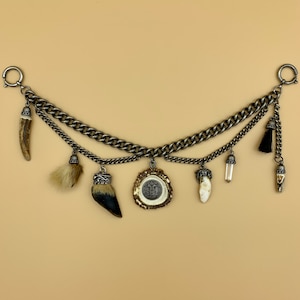 May include: A silver chain necklace with multiple charms, including a deer antler, a fur pom-pom, a claw, a crystal, a tassel, and a round pendant with a silver coin.