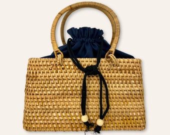 square rattan bag with handle -blue- Bali bag - straw bag - boho summer bag - boho crossbody purse