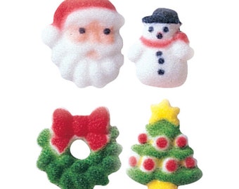 Edible Christmas Sugar Toppers, Holly Jolly Assortment, Santa, Snowmen, Tree, Wreaths, Dec-Ons, Cake Decorations, Cupcake, Donuts