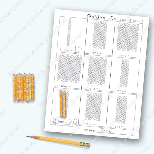 Montessori Golden 10s Worksheet- Mathematics Math Golden Beads Paperwork Homework Counting by Tens