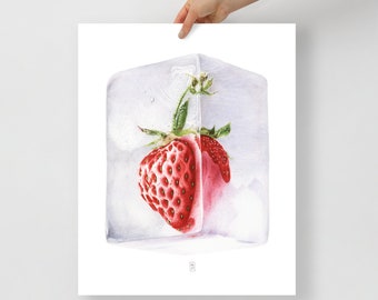 Ice strawberry print of watercolor painting, Fruit poster, Watercolor fruit art