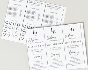 Op de afbeelding: Een programma voor een huwelijksceremonie met de namen Lily en Ben, de datum en de locatie The Miller's Farm, Sharptown, MD. Het programma geeft de volgorde van de gebeurtenissen tijdens de ceremonie weer, inclusief het voorspel, de intocht, het gebed, de uitwisseling van geloften, de uitwisseling van ringen, de aankondiging van het huwelijk, de presentatie van de bruid en bruidegom, en de uittocht.