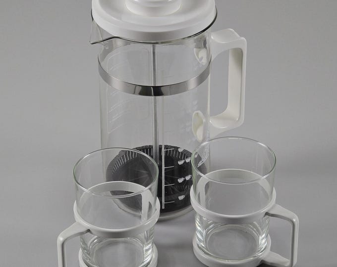 New In Box 1970s Vintage BMF 'Kaffee Primo' French Press With 2 Mugs Set - Retro Coffee Maker & Serving Set - West Germany.