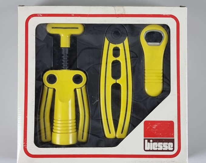 New In Box 1980s Vintage BIESSE Bar Set 'Personal', Cork-Screw, Nut-Cracker, Bottle-Opener By Pino Spagnolo.