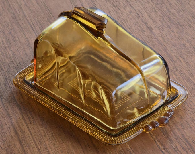 Vintage 1970s Amber-Yellow Glass Butter Dish & Cheese Keeper • Vintage Glass Food Storage Utensils.