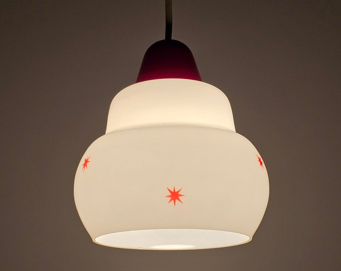 Mid Century Modern - Vintage Glass Globe Pendant Lamp With Red Stars  - Space Age Hanging Lights - Holland, 1960s.