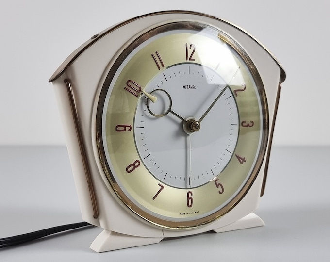 Space Age Design - Vintage METAMEC Beige And Gold Plastic Electric Table Alarm Clock - Mid-Century Modern Desk Clocks - England, 1960s.