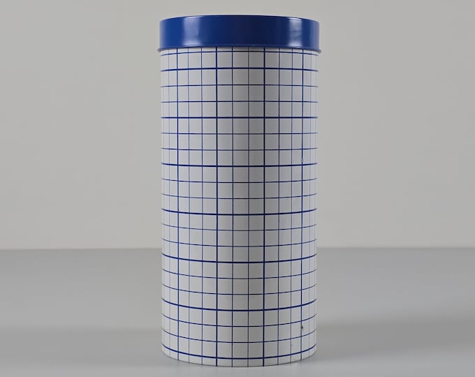 Contemporary Design - Vintage Funky Blue Tin Container Jar With Grid Design Pattern, Storage Canister - Retro Tin Jar - Holland, 1980s.