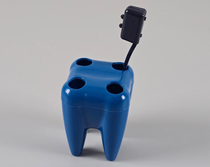 Contemporary Design - Vintage Blue Plastic Tooth-Shaped Toothbrush Holder  - Retro Bathroom Accessories - Holland, 2000s.