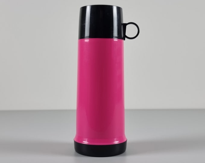 Space Age Design - Vintage Pink And Black Plastic Thermos Flask, Thermal Carafe, Coffee Jug With A Mug - Vintage Drinkware - Holland, 1970s.
