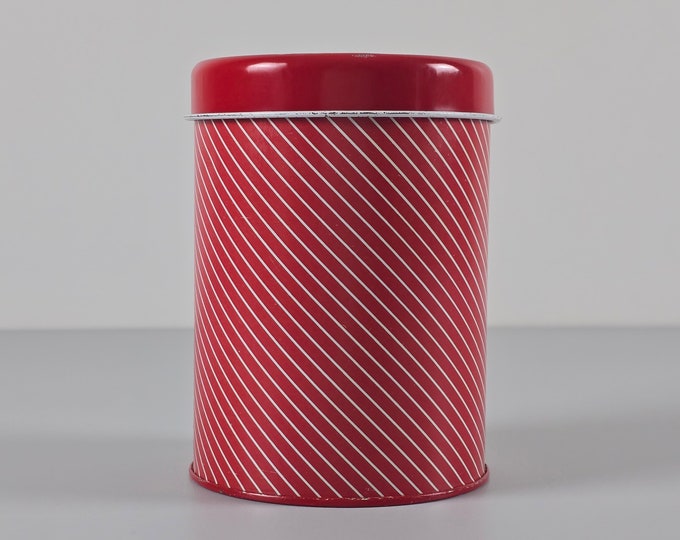 Contemporary Design - Vintage Funky Red Tin Container Jar With A Striped Pattern, Storage Canister - Retro Tin Jar - Holland, 1980s.