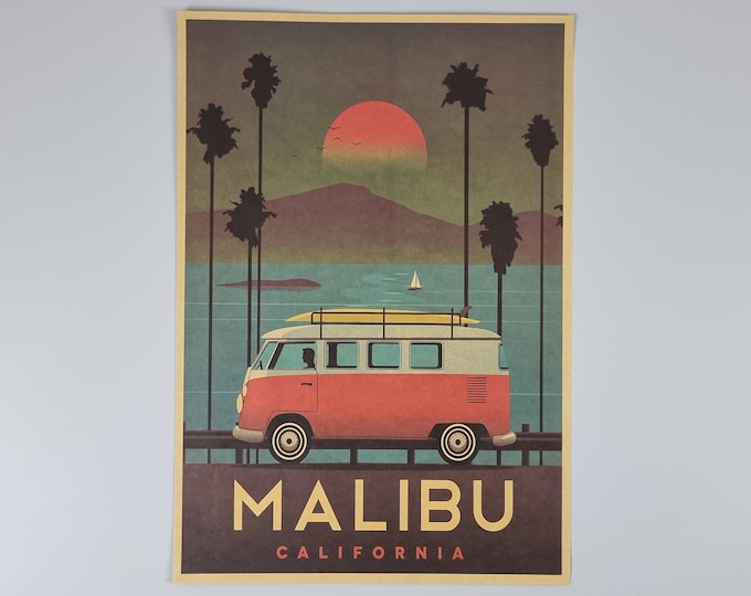 Wall Art And Decor - Vintage MALIBU California Camper Van Poster - Craft Paper Posters - Surfing, Hippie, Flower Power, 2000s.