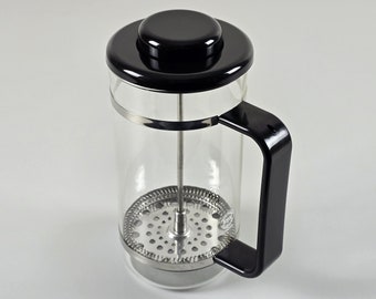 Diseño posmoderno - Cafetera de prensa francesa BODUM vintage con mango de plástico negro - Accesorios de barista retro - Dinamarca, años 80.