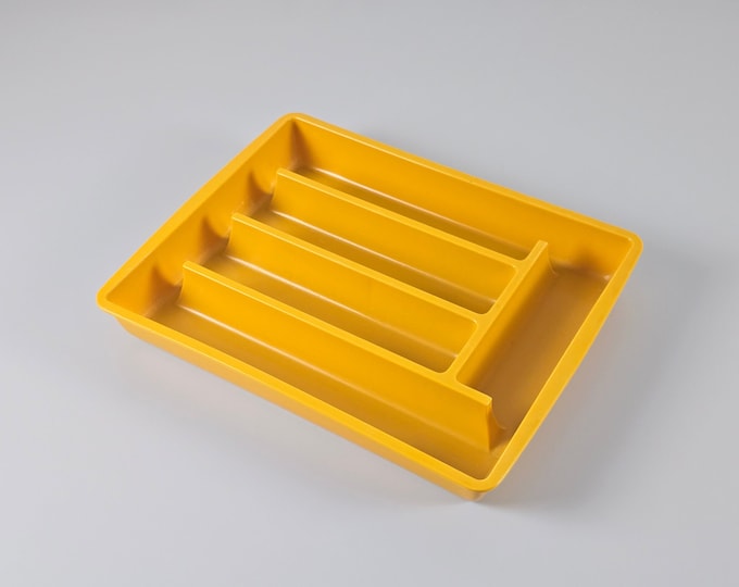 Space Age Design - Vintage SENO MAARTENSDIJK Yellow Plastic Drawer Organizer Insert, Cutlery Caddy - Holland, 1970s.