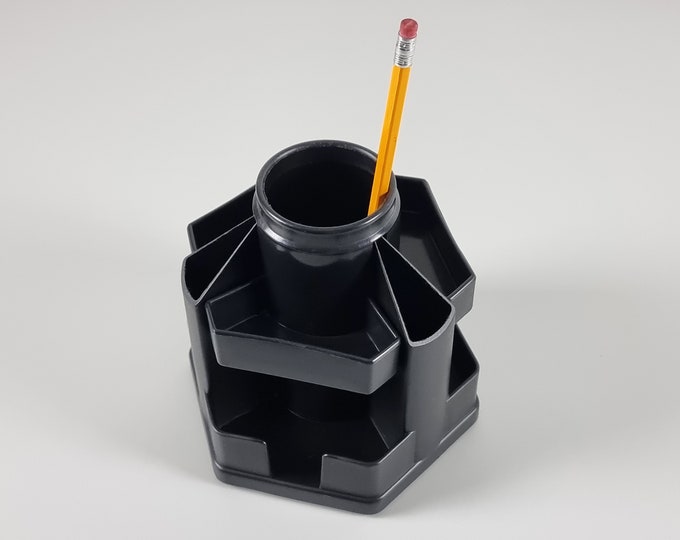 Space Age Design - Vintage Black Plastic Hexagonal Pen Holder And Desk Organizer - Vintage Plastic Office Accessories - Holland, 1970s.