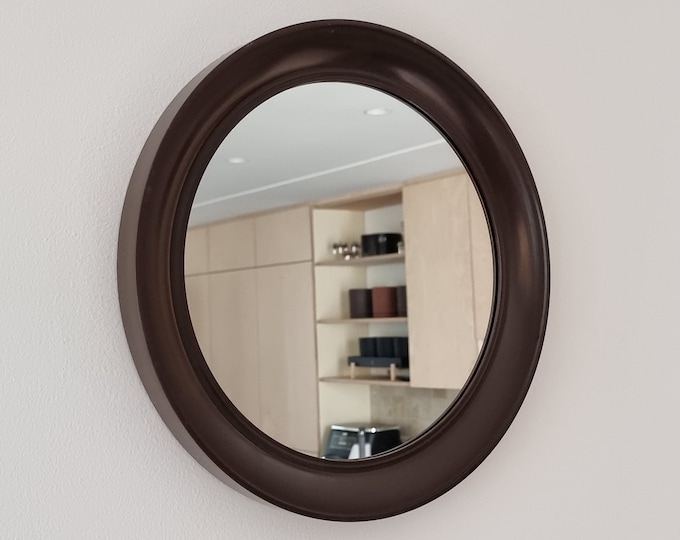 1970s Vintage Brown Bakelite Wall Mirror - Mid-Century Modern Round Wall Mirror.