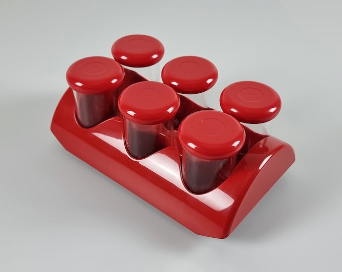 New Old Stock 1980s Vintage GUZZINI Chef Line Red Plastic Shelf System Spice Rack, Designed By Bruno Gecchelin - Italy.