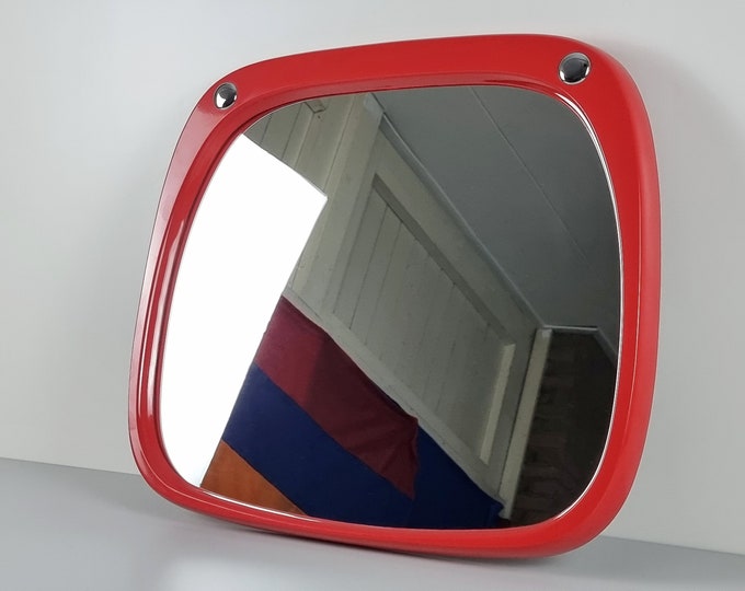 Space Age Design - Vintage Wall Mirror With Red Plastic Frame - Retro Home Decor & Styling - Holland, 1970s.