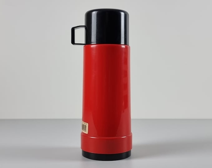 Space Age Design - Vintage EMSA Red And Black Thermos Flask, Thermal Carafe, Coffee Jug With A Mug - Vintage Drinkware - W. Germany, 1970s.