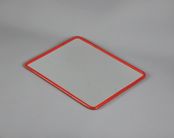 Retro 1980s Wall Mirror With Red Plastic Frame.