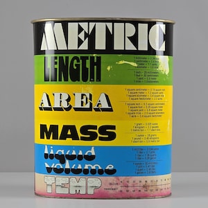 1960s Vintage Metric Conversion Chart Tin Canister • Retro Storage Bin With Colorful Graphics.