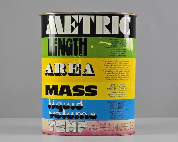 1960s Vintage Metric Conversion Chart Tin Canister • Retro Storage Bin With Colorful Graphics.