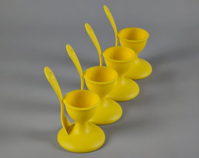 Vintage 1990s Set Of 4 Bodum 'Uovo' Yellow Plastic Egg Cups With Spoons.