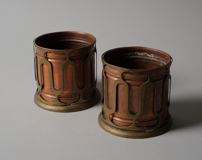 Pair of Vintage Arts & Crafts Copper And Brass Jardinieres Antique Planters, Dutch Art Nouveau.