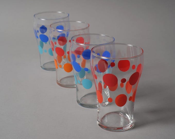 Vintage Italian Tumblers, Set of Four, Blue & Orange Polka Dot Pattern, 1970s Glassware.