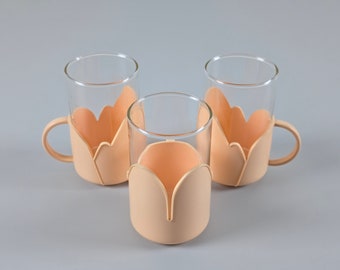 Space Age Design - Vintage Set Of 3 RANDWYCK Glass Mugs With Dusty-Pink Plastic Casing - Vintage Kitchenware - Holland, 1970s.
