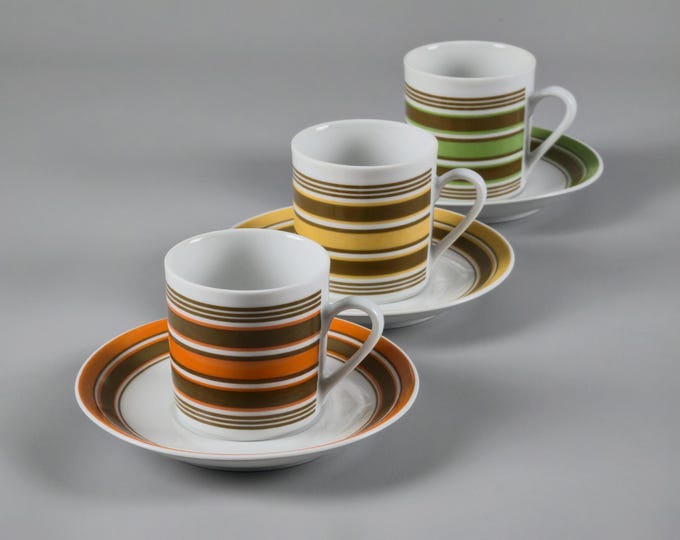 Vintage 1970s Set Of 3 Mitterteich Bavaria Striped Cups With Saucers.