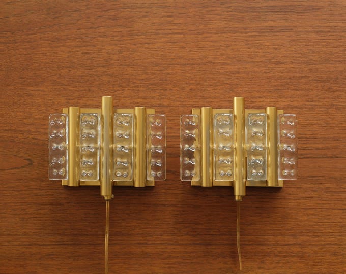 Hans-Agne Jakobsson / Orrefors Pair of Brass and Crystal Wall Sconces, 1970s Swedish MCM.