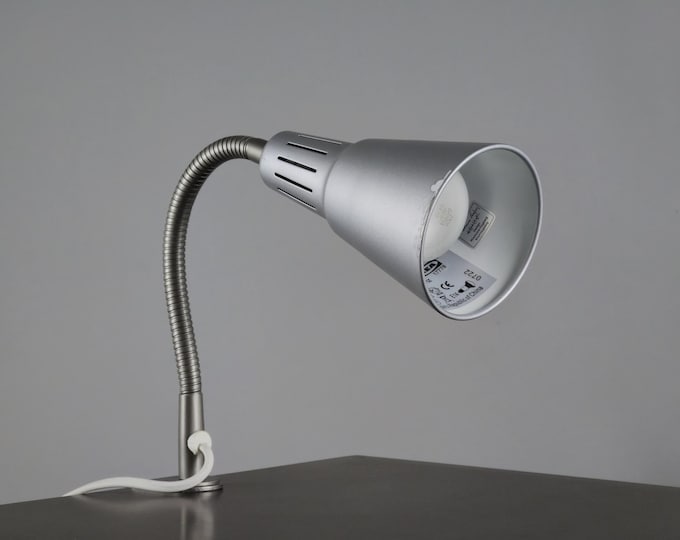 Vintage 1999 IKEA Kvart Clamp-On Gooseneck Desk Light • Retro Flexible Silver Clamp Lamp.