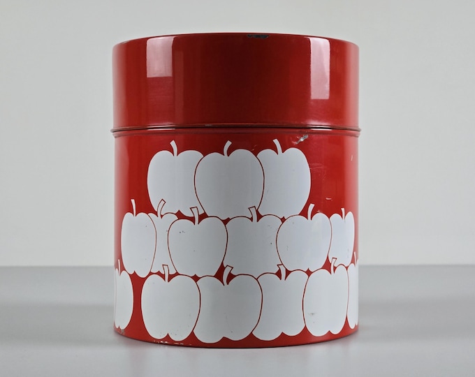 1970s Vintage Tin Container Jar With Retro Apple Motifs - Space Age Styling & Decor.