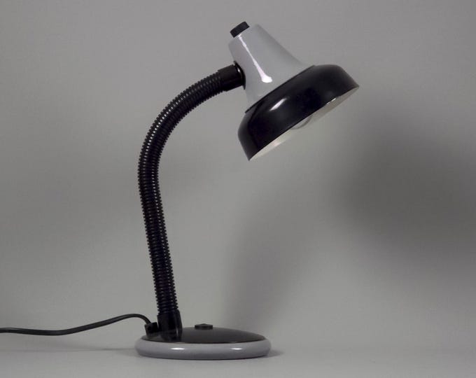 Vintage 1970s Aluminor France Desk Lamp, Retro Grey Gooseneck Industrial Table Light.