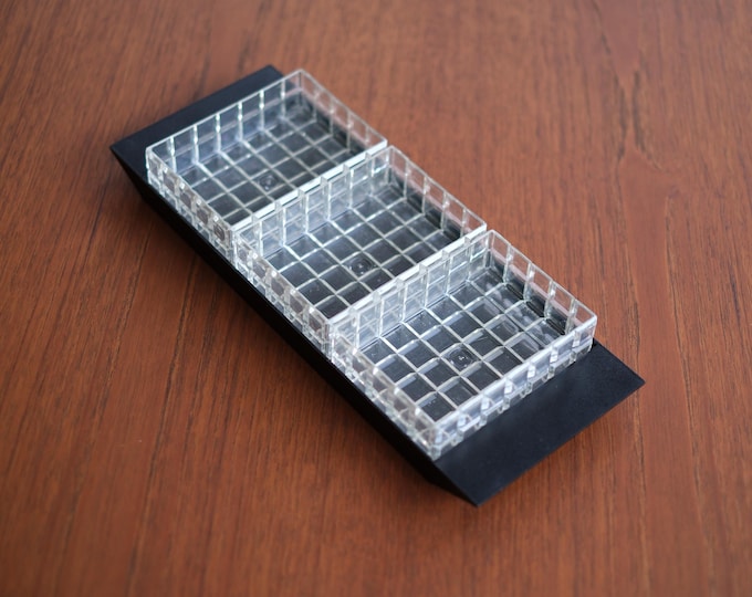Vintage 1970s MCM acrylic snacks serving tray with 3 waffle-textured inserts.
