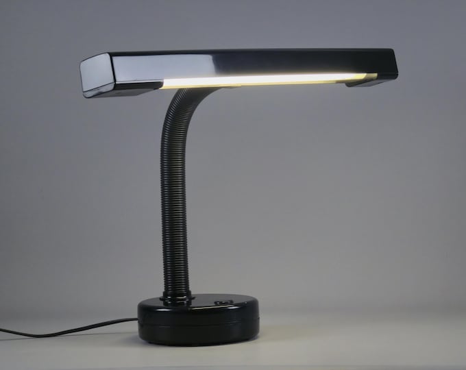 Vintage MASSIVE LIGHTING Black Plastic Adjustable Gooseneck Desk Lamp From 1983 • Retro Belgian Fluorescent Lamp.