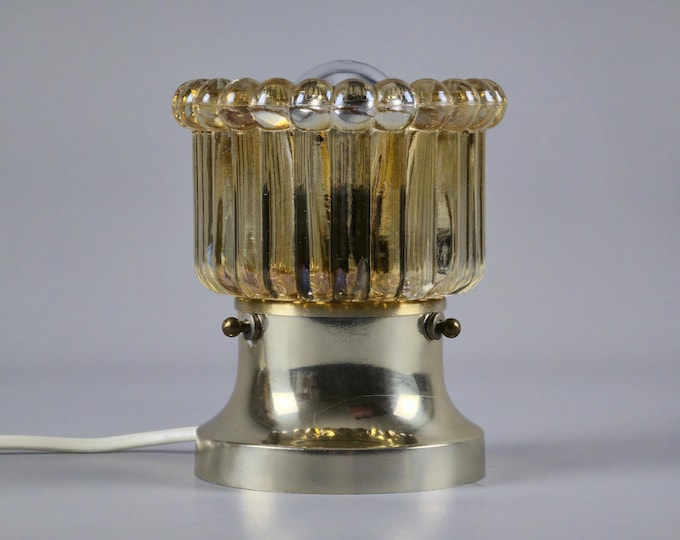 1970s Vintage LEDUNGS Table Lamp by Nils Ledung – Ribbed Amber Glass Shade & Brass Base – Swedish Space-Age Mood Light.