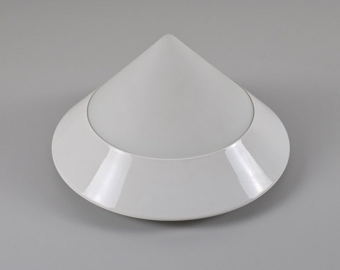 Postmodern Design - Vintage MASSIVE BELGIUM Ceiling & Wall Light Fixture With Metal Ring And Frosted-Glass Conical Shade - Belgium, 1980s