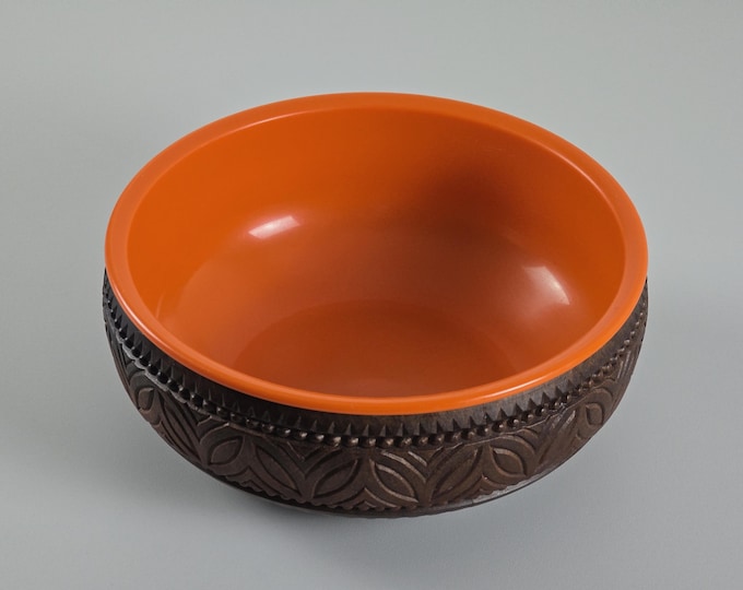 Space Age Design - Vintage EMSA Orange & Brown Plastic Centerpiece Bowl - Retro Decor And Styling - W. Germany, 1970s.