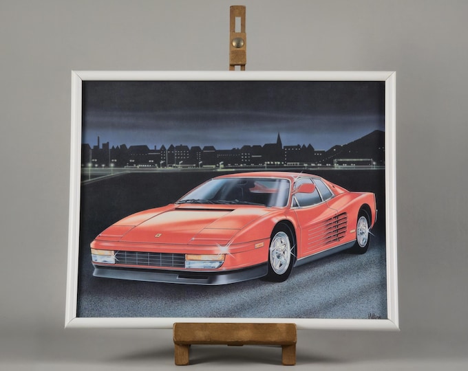 Vintage Ferrari Testarossa Poster, Framed Wall Art, Retro Car Illustration, Airbrush Style.