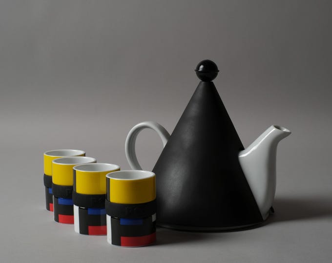PO Denmark Mondrian Espresso Cups and Puur Ceramic Teapot, 1990s Postmodern Design.