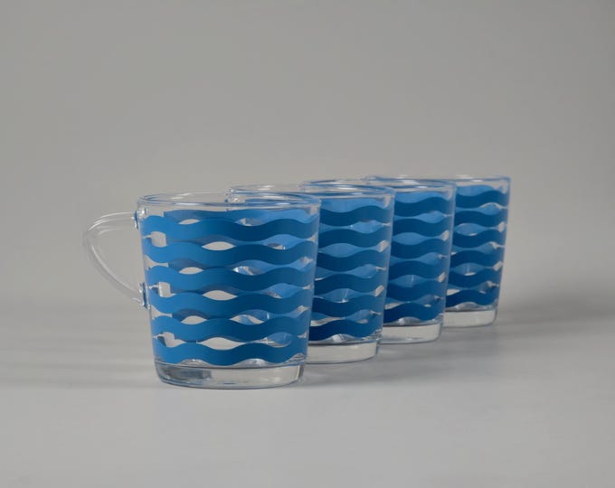 Y2K Neo-Retro Set Of 4 IKEA 'Satsning' Glass Mugs With Wave Pattern.