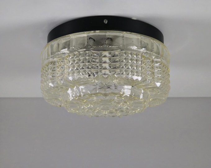 Vintage 1960s Pressed Glass Ceiling Light Fixture With Radial Design  • Mid-Century Modern Plafonnière.