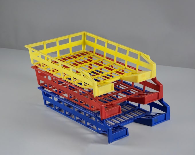 Vintage 1970s Set Of 3 HERLITZ Plastic Desk Organizer Trays In Red, Yellow & Blue • Space Age Design Desk Accessories.